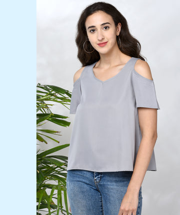 Chimpaaanzee Women Grey Solid Cold Shoulder Top