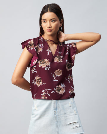 Chimpaaanzee Women Crepe Maroon Flower Printed Ruffled Top