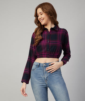 Chimpaaanzee Women Viscose Navy and Pink Checkered Crop Shirt