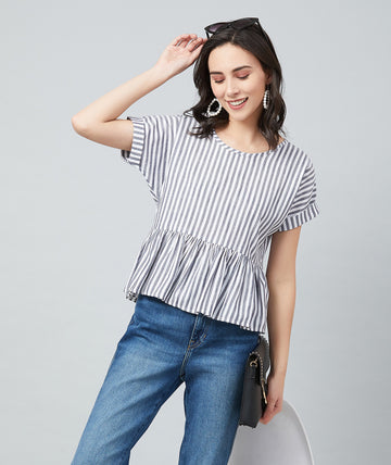 Chimpaaanzee Women White and Black Single Stripe Frill Style Top