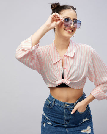 Chimpaaanzee Women Viscose Pink & White Striped Fully Crop Shirt