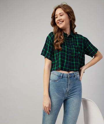 Chimpaaanzee Women Viscose Navy and Green Checkered Crop Shirt