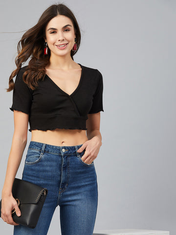 Chimpaaanzee Women Black Lap Over Bodycon Crop Top