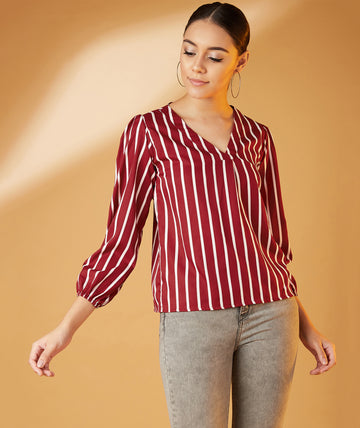 Chimpaaanzee Women Long Sleeve Striped Crepe Top