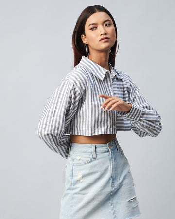 Chimpaaanzee Women viscose Black & White Striped Fully Cropped Shirt