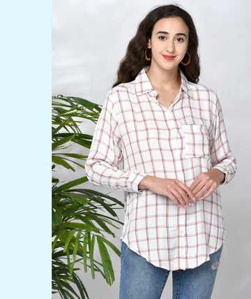 Chimpaaanzee Women White and Red Viscose Loose Fit Checkered Shirt