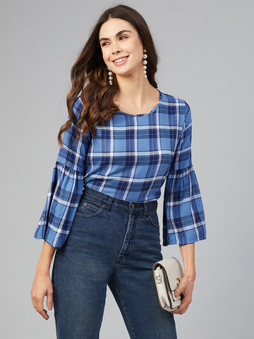 Chimpaaanzee Women Blue Checks Bell Sleeve Top