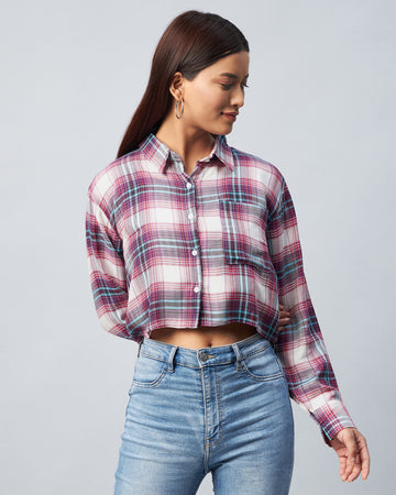 Chimpaaanzee Women Viscose Multicolor Checks Full Sleeve drop Shoulder Crop Shirt