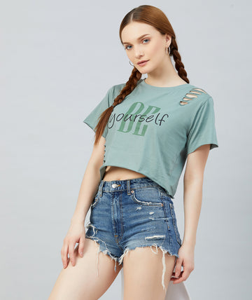 Chimpaaanzee Women Dusty Green Ribbed Style Crop T-shirt