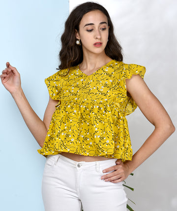 Chimpaaanzee Women Yellow Flower Printed Crepe Ruffled Top