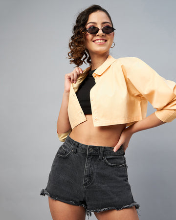 Chimpaaanzee Women Coton Yellow Solid Fully Cropped Shirt