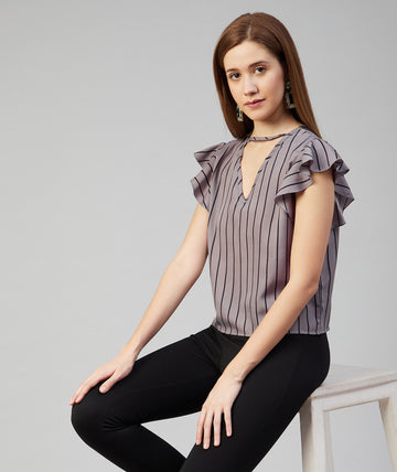 Chimpaaanzee Women Grey Striped Crepe Ruffled Top