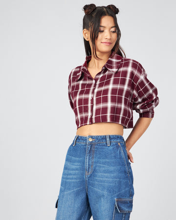 Chimpaaanzee Women Viscose Maroon Checks  Fully Cropped Shirt