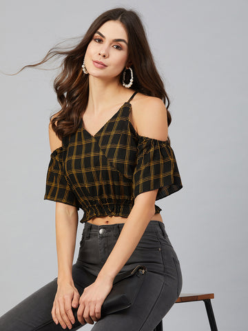 Chimpaaanzee Women Yellow Checks Cold Shoulder Crop Top