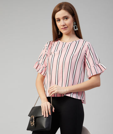 Chimpaaanzee Women Pink Striped Ruffled Sleeve Top