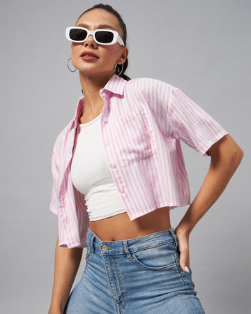 Chimpaaanzee Women Pink & White Stripe Half Sleeve Crop Shirt