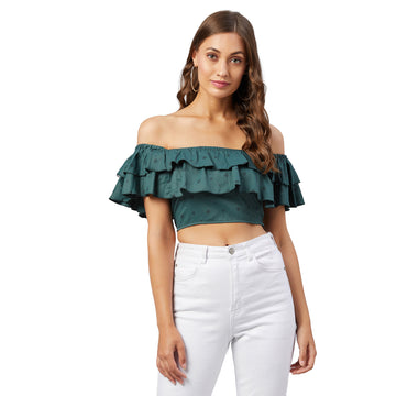 Chimpaaanzee Women Green Doted Ruffled Crop Top