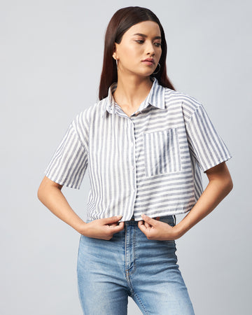 Chimpaaanzee Women Viscose Black and White Striped Half Sleeve Crop Shirt