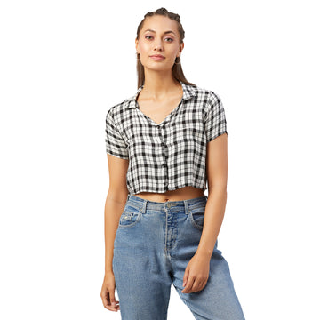 Chimpaaanzee Women Black and White Checkered Viscose Crop Shirt