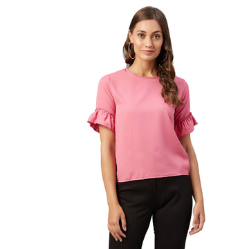 Chimpaaanzee Women Pink Solid Ruffled sleeve Top