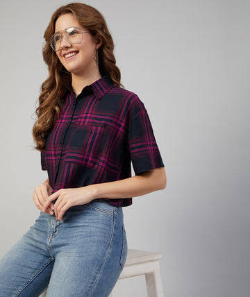 Chimpaaanzee Women Viscose Navy and Pink Checkered Crop Shirt