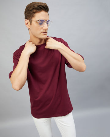 Chimpaaanzee Men Cotton Maroon Solid Oversize Fit T-shirt