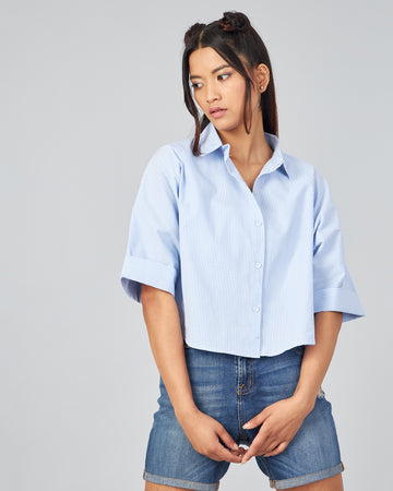 Chimpaaanzee Women Viscose Blue & White Checkered Crop Shirt