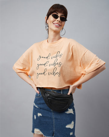 Chimpaaanzee Women Light Orange Typographic Oversized Crop T-shirt