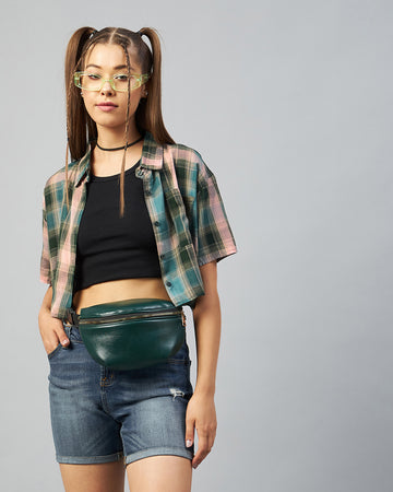 Chimpaaanzee Women Viscose Green & Pink Checkered Half Sleeve Crop Shirt