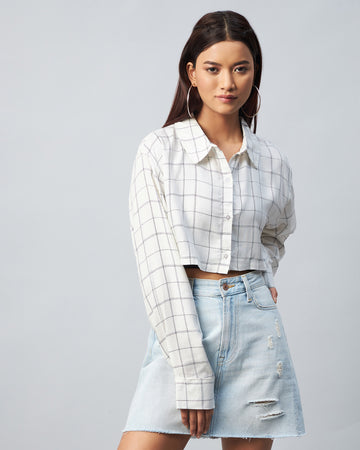 Chimpaaanzee Women Viscose White & Black Spakle Checkered Fully Cropped Shirt