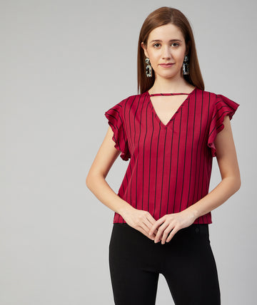 Chimpaaanzee Women Red Striped Crepe Ruffled Top