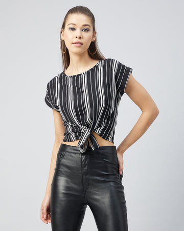 Chimpaaanzee Women Crepe Black and White Sleeveless Knotted  Crop Top