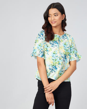 Chimpaaanzee Women Skyblue Flower Printed Ruffled Top