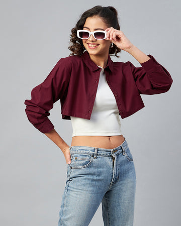 Chimpaaanzee Women Cotton Maroon Solid Fully Cropped Shirt