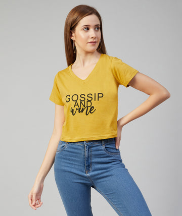 Chimpaaanzee Women Yellow V Neck Cotton Crop T-shirt