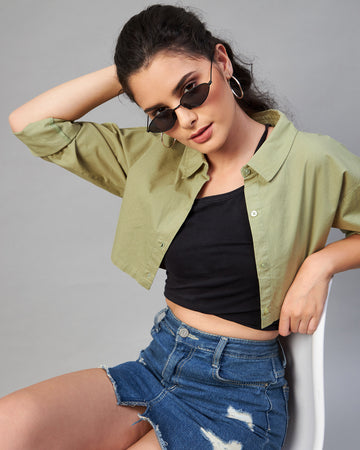 Chimpaaanzee Women Cotton Green Solid Fully Cropped Shirt