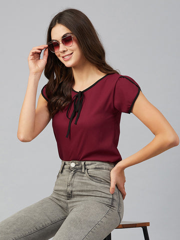 Chimpaaanzee Women Maroon Lap Over Sleeve Top