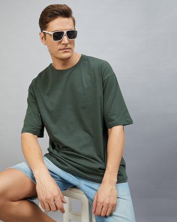 Chimpaaanzee Men Cotton Dark Green Solid Oversize Fit T-shirt