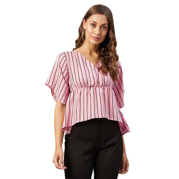 Chimpaaanzee Women Pink Striped Crepe Asymmetrical Top