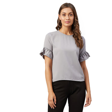 Chimpaaanzee Women Grey Solid Ruffled sleeve Top