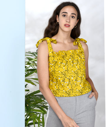 Chimpaaanzee Women Yellow Flower Printed Crepe Ruffled Top