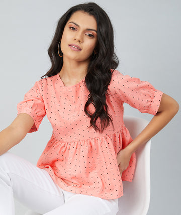 Chimpaaanzee women Peach Crepe Polka Doted Half Sleeve Style Top