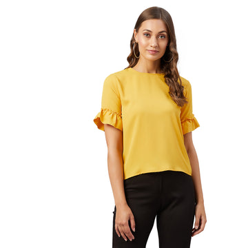 Chimpaaanzee Women Mustard Solid Ruffled sleeve Top