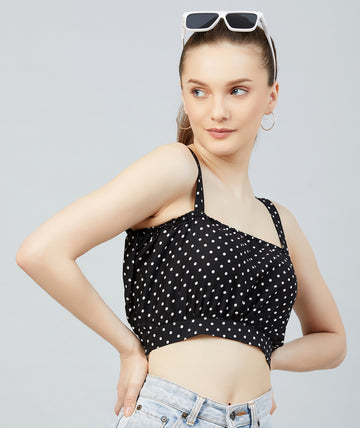 Chimpaaanzee Women Black Polka Doted Crepe Strapped Crop Top