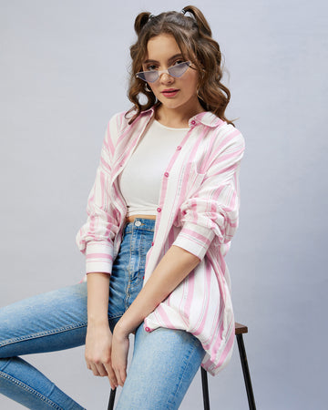 Chimpaaanzee Women Viscose Pink & White Striped Oversize Fit Shirt