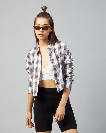 Chimpaaanzee Women Viscose White & Grey Checkered Full Sleeve Drop Shoulder Crop Shirt