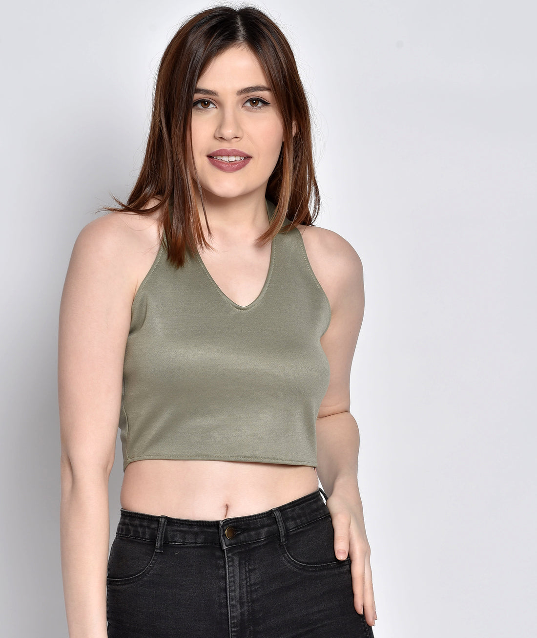 Chimpaaanzee Women Halter Neck Green Bodycon Top