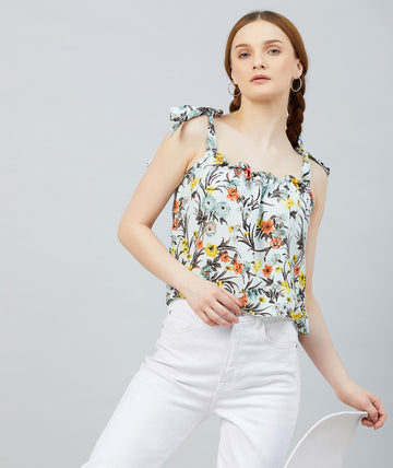 Chimpaaanzee Women Skyblue Flower Printed Crepe Ruffled Top