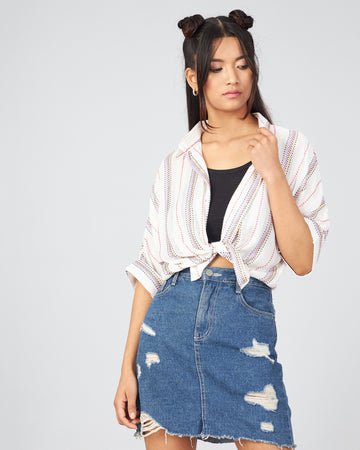 Chimpaaanzee Women Viscose White Striped Crop Shirt