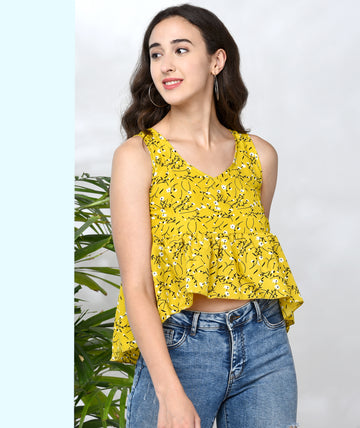 Chimpaaanzee Women Yellow Flower Printed Assymetrical Top